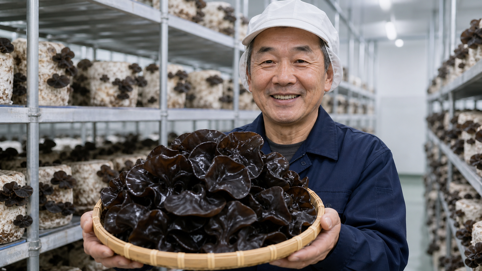 収穫したきくらげを手にする生産者